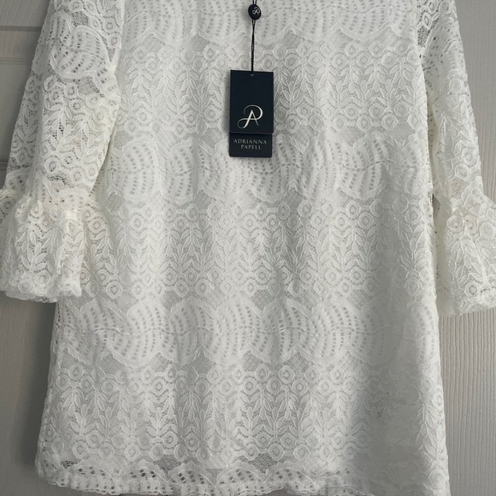 Adrianna Papell White Lace 3/4 Sleeve Knit Blouse Work Office Top Size Small NWT - Picture 3 of 7